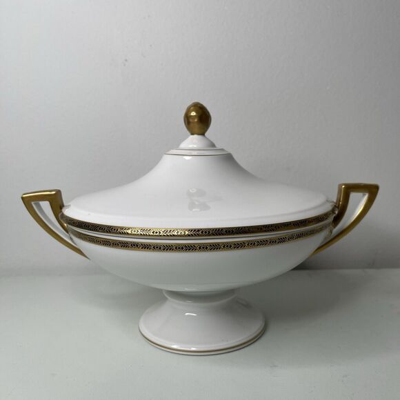Fraureuth Germany Lidded Vegetable Serving Dish Bowl Tureen Gold Porcelain Deco - Picture 1 of 8